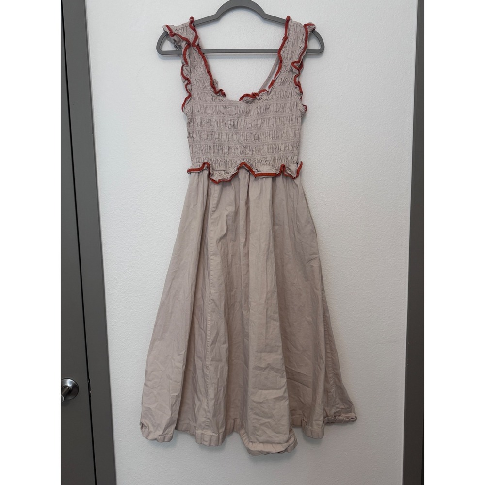 Free People Smocked Ruffle Midi Dress Beige Orange Boho Cottagecore Pockets oo - Picture 6 of 9